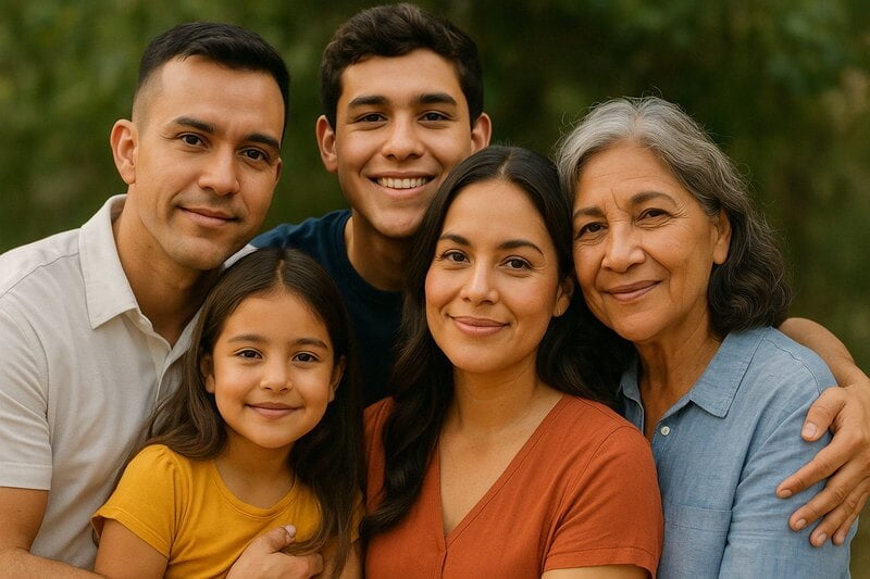 A smiling Latino family of three generations